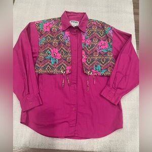 [L]VTG Wrangler Women Western Pink Floral Concho Tassel Cowgirl Button Shirt